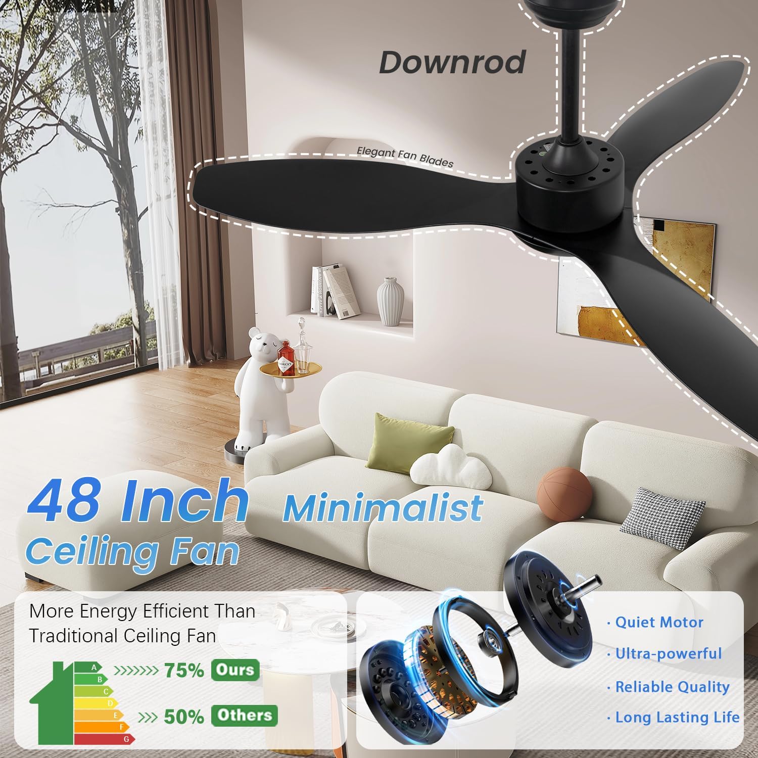 48 inch Ceiling Fans with Lights and Remote,Black Ceiling Fan with Light and Remote,3 Color Light,6 Speed,Quiet DC Motor,for Bedroom/Living Room/Indoor/Outdoor/Patios,Black