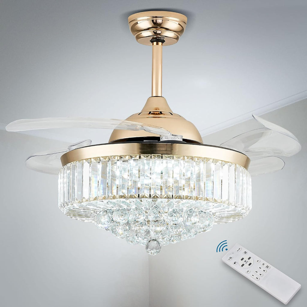 42' Chandelier Ceiling Fan Lighting Dimmable Remote Control Fandeliers Crystal Ceiling Fan with Lights for Bedroom Living Room Speed 3 Light (Gold