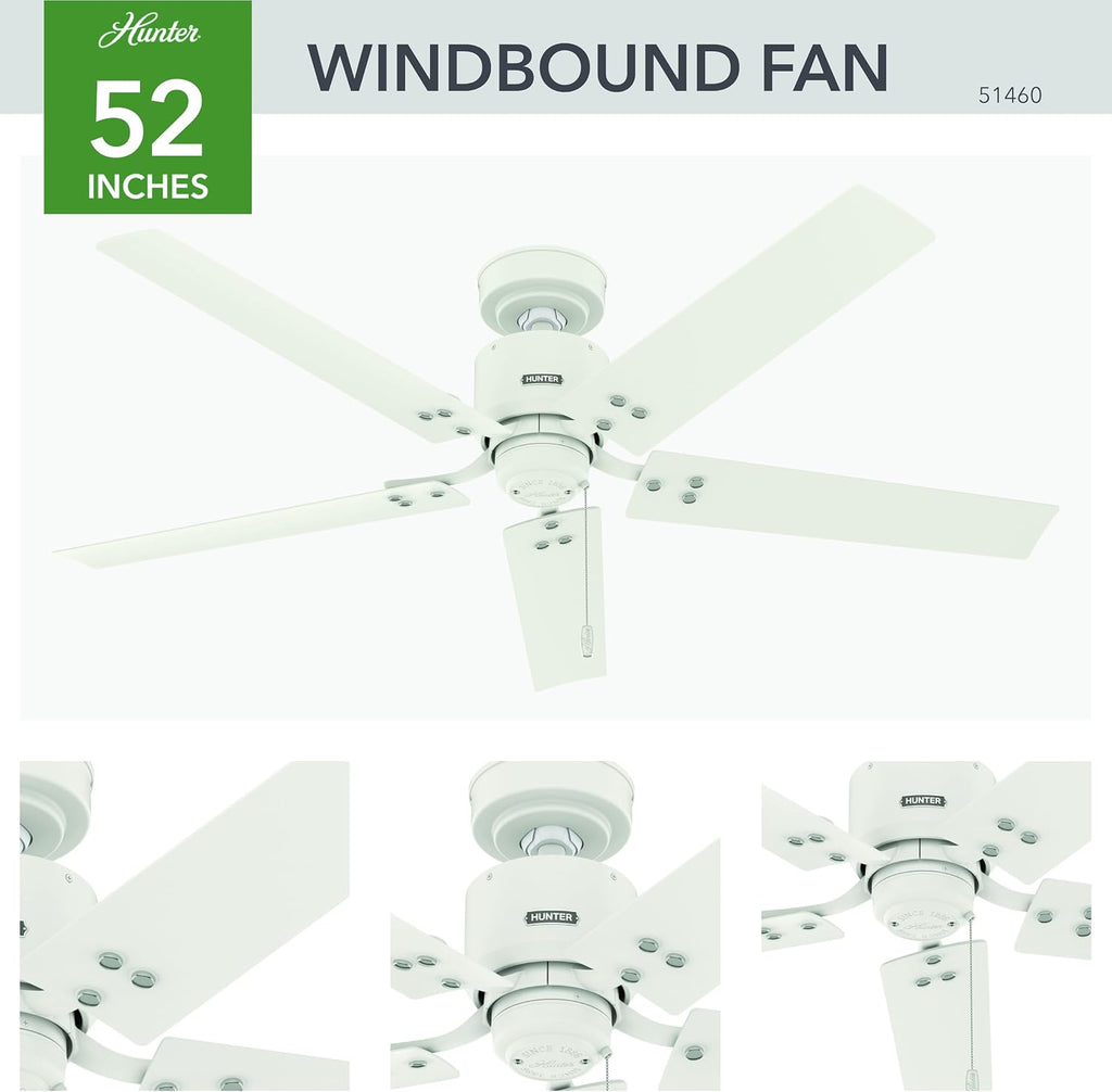 Hunter 52 inch Outdoor or Indoor Ceiling Fan No Light - White Ceiling Fan without Light, For Patio, Porch, Garage, or Living Room, Standard Mount, 5 Blades, Pull Chain - Windbound 51460, Matte White