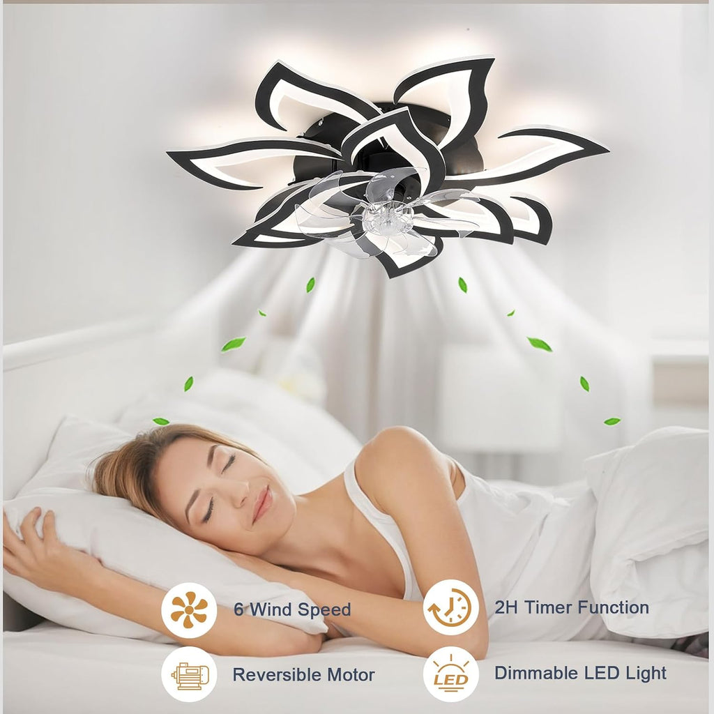 32' Black Flower Ceiling Fan with Lights Remote Control, Modern LED Low Profile Flush Mount Ceiling Fan with Light for Kitchen Bedroom Living Room