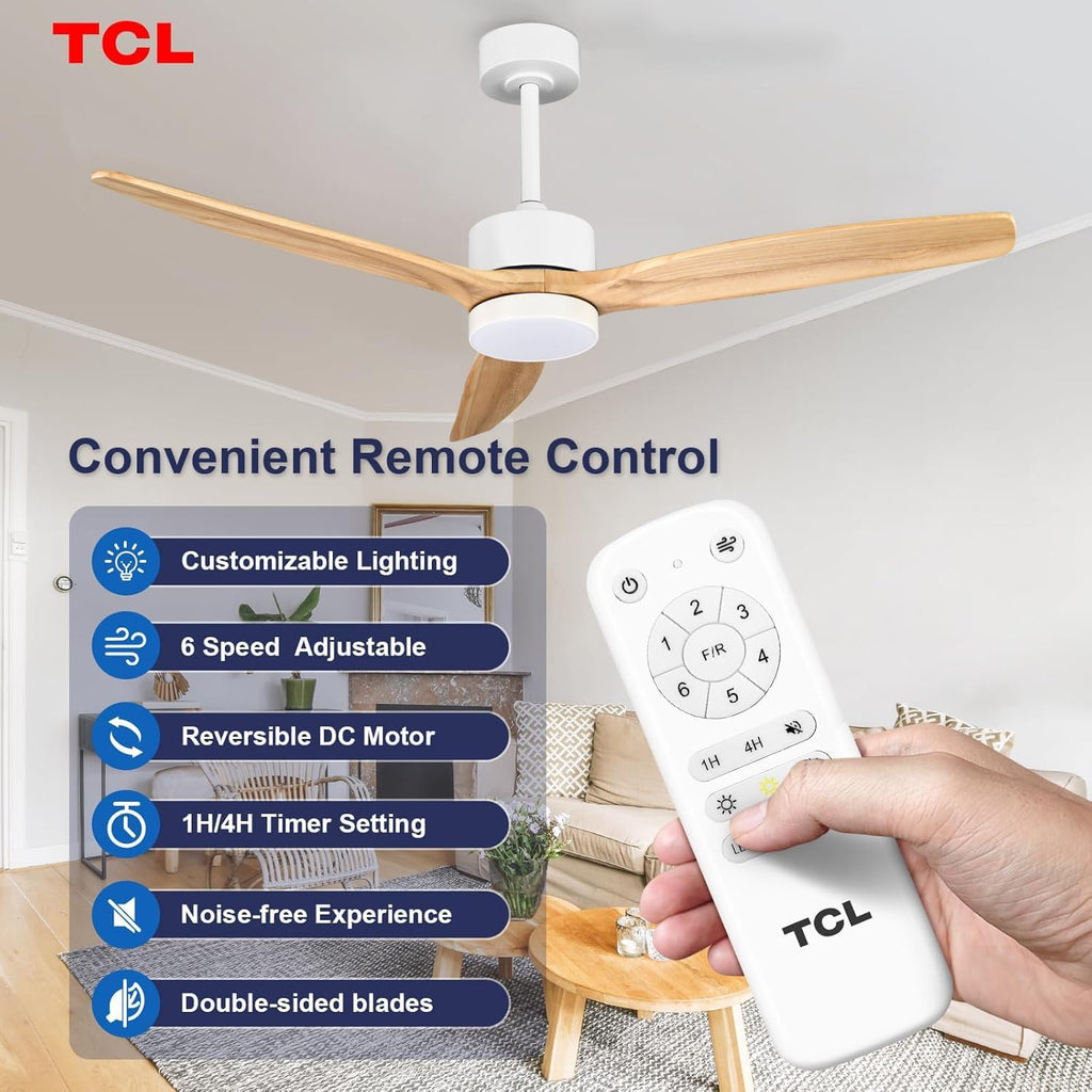 TCL Ceiling Fans with Light and Remote: 52 inch 3 Wooden Blades 3 Dimmable LED Fan for Room Indoor Modern Farmhouse Decor - 6 Speed Memory DC Reversible Fan Lights (Natural Wood, 52 Inch)