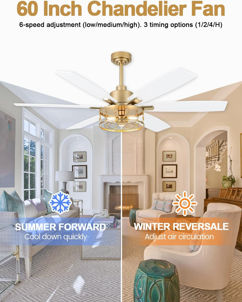 60 Inch Modern Ceiling Fan with Light White and Gold Ceiling Fan Quiet and Reversible DC Motor Chandelier Fan for Living Room Bedroom Patio