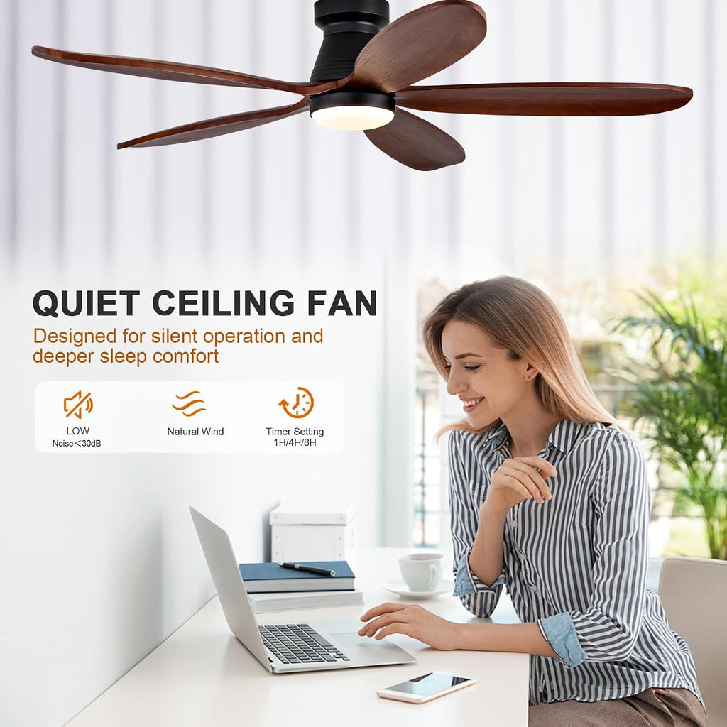 Ceiling Fans with Lights, 52 Inch Low Profile Ceiling Fan with Light and Remote Control, Flush Mount, Reversible, 3CCT, Dimmable, Quiet, Black Small Ceiling Fan for Bedroom Indoor/Outdoor Use