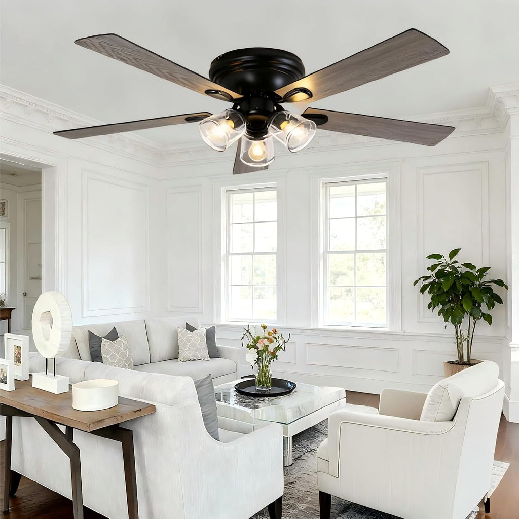 52 Inch Vintage Ceiling Fan with Lights and Remote, Flush Mount Farmhouse Ceiling Fan Rustic Fandelier 3-Lights Chandelier for Bedroom Living Room Dining Room, 5 Reversible Blades 6 Speeds