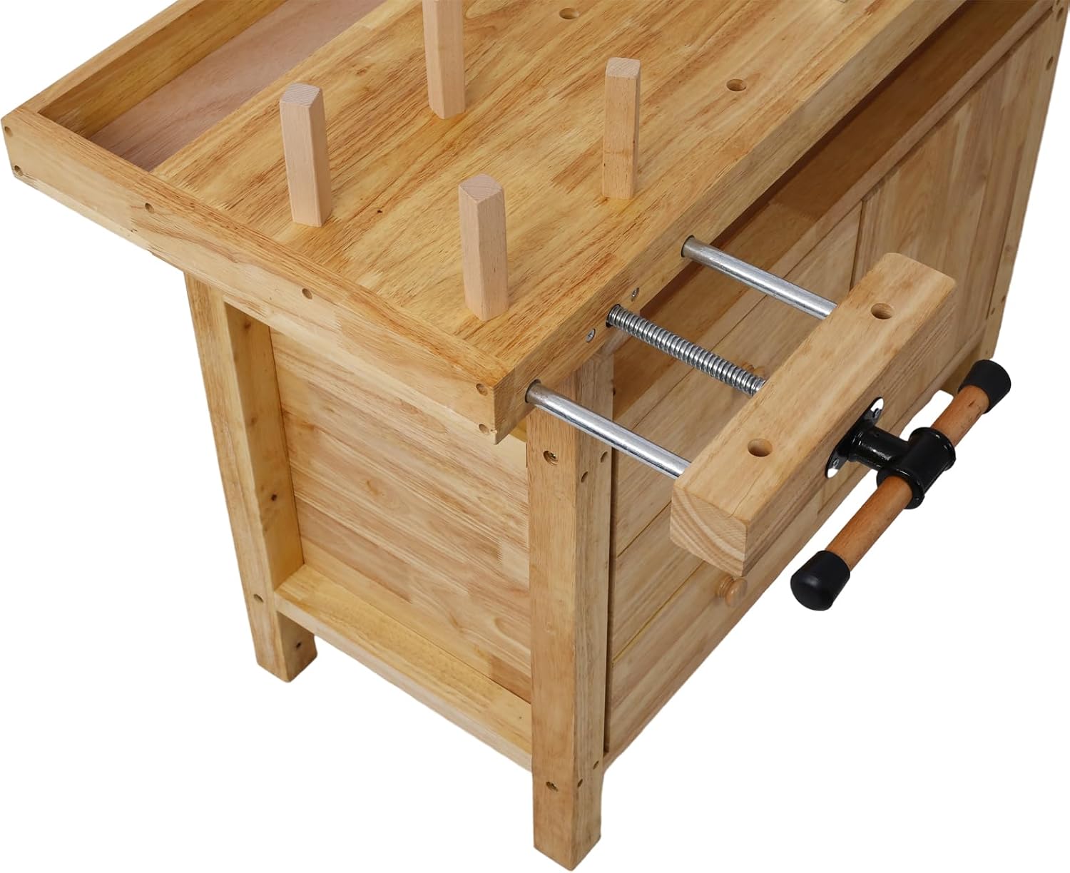 Tidyard Wooden Workbench, Heavy-Duty Rubberwood Work Table with Bar Clamps Set 12 inch and 16 inch, Four Metal Pillars, Drawers and Cabinet Storage for Garage Workshop Home DIY Projects
