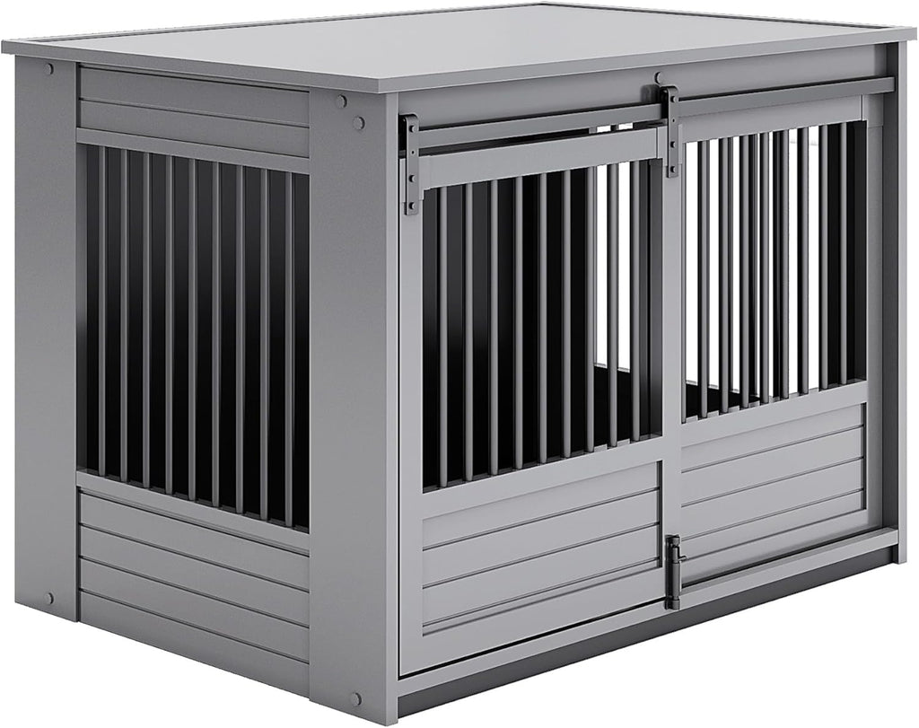 New Age Pet ECOFLEX® X-Large Barn Door Dog Crate & End Table, Indoor Furniture Style Kennel for Medium & Large Dogs, Durable Material in White and Grey