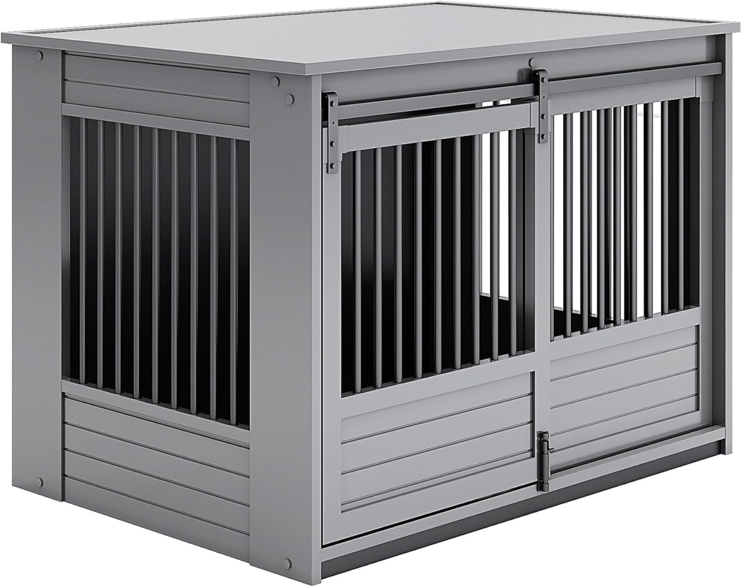 New Age Pet ECOFLEX® X-Large Barn Door Dog Crate & End Table, Indoor Furniture Style Kennel for Medium & Large Dogs, Durable Material in White and Grey