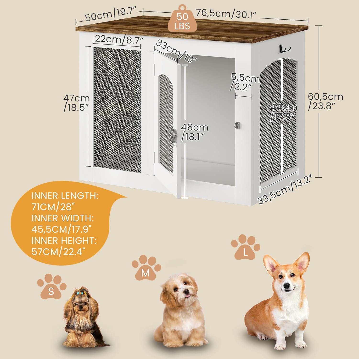 CHOEZON Wooden 30.1' Dog Crate Furniture, Farmhouse Pet Cage End Table with Secure Lock, Ventilated Mesh for Medium Dogs, Dog Kennel Furniture for Living Room, Bedroom, White and Walnut MGW02WL