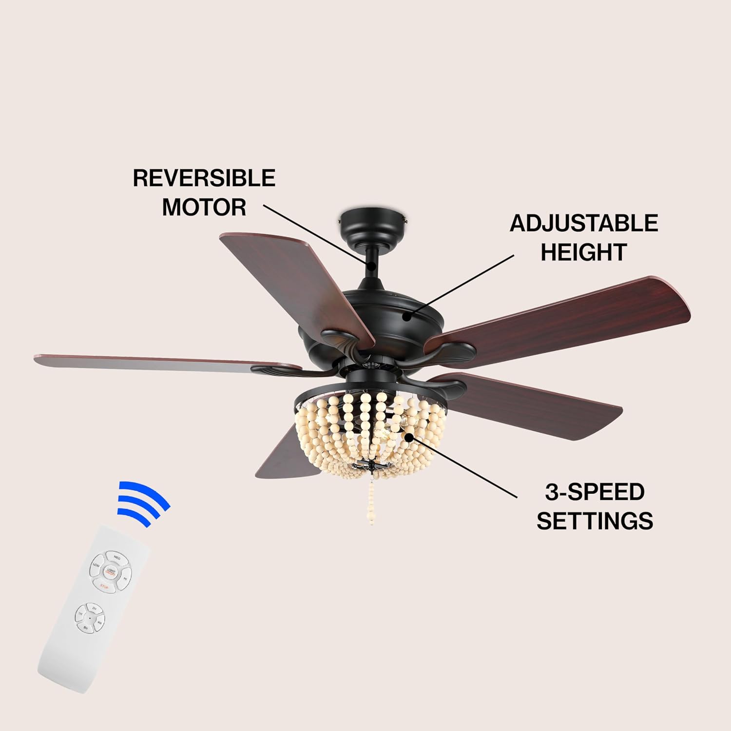JONATHAN Y 52' Black/Light Brown 3-Light LED Ceiling Fan with Remote and App Control, Bohemian Farmhouse Chandelier, Light Brown Wood Bead Shade, Reversible Wood Blades (JYL9618B)