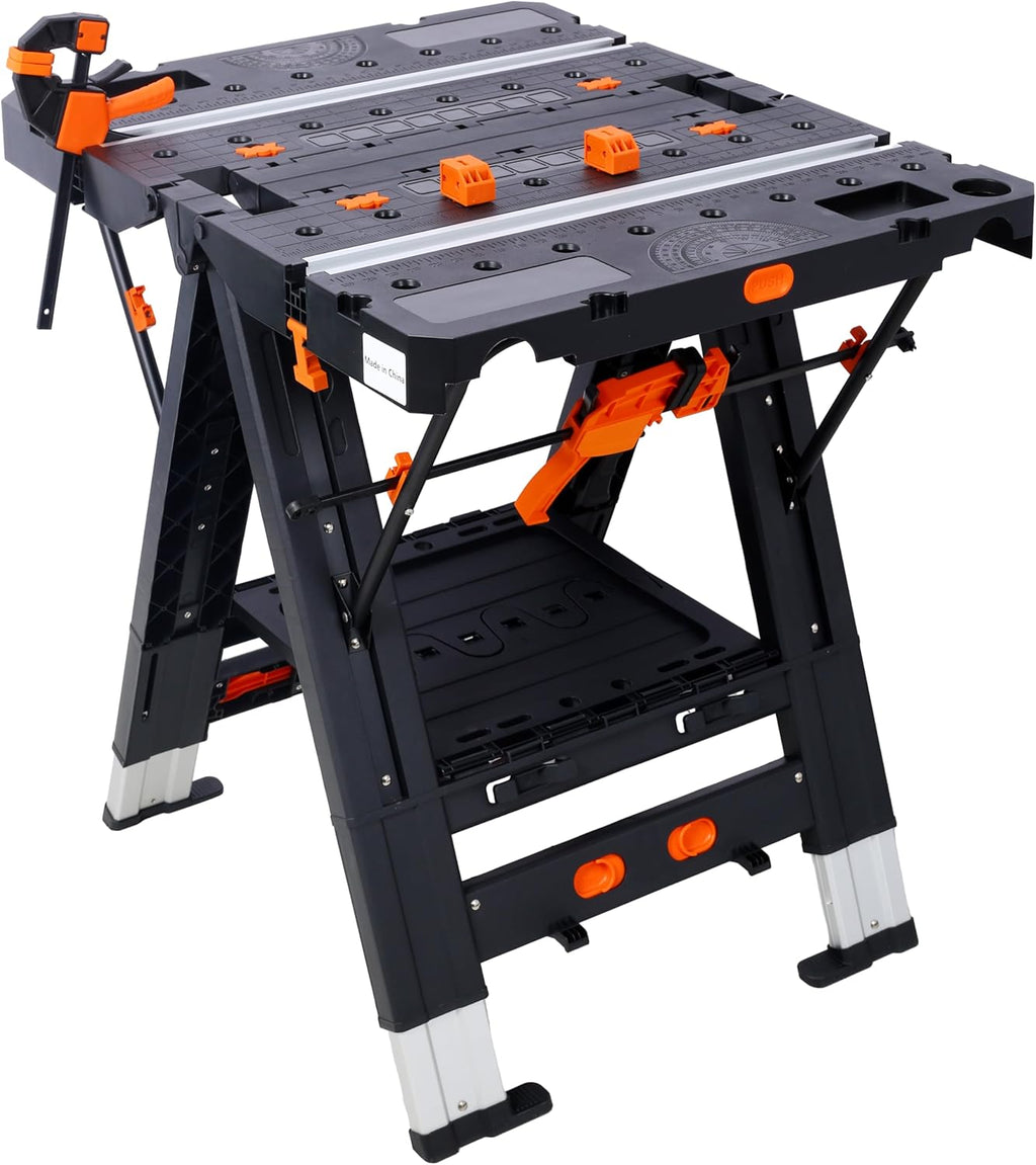 2-in-1 Folding Work Table & Sawhorse, Portable Workbench for Garage with Adjustable Height, Heavy-Duty Load Capacity (500 lbs Table/1000 lbs Sawhorse), Includes 2 Clamps, Gifts for Woodworking