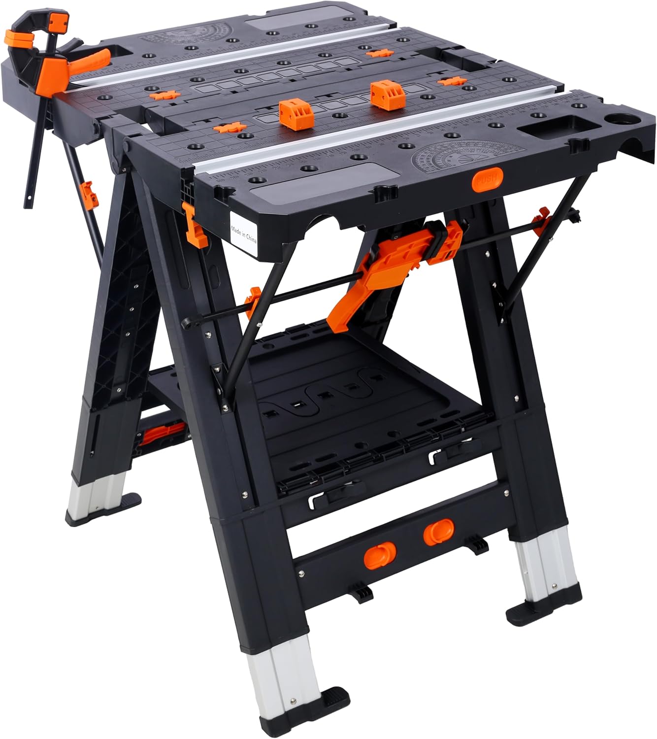2-in-1 Folding Work Table & Sawhorse, Portable Workbench for Garage with Adjustable Height, Heavy-Duty Load Capacity (500 lbs Table/1000 lbs Sawhorse), Includes 2 Clamps, Gifts for Woodworking