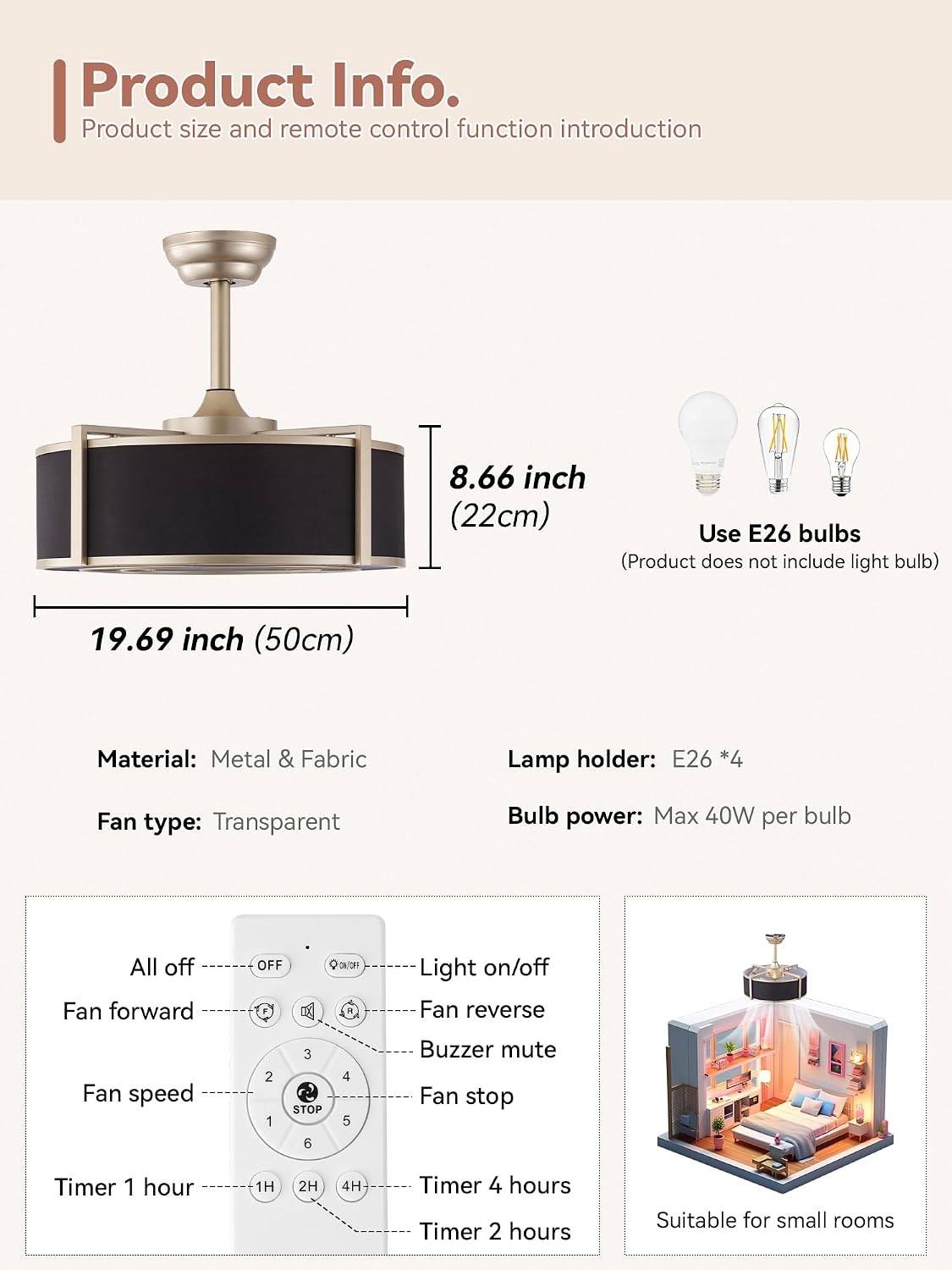 20 inch Fandelier Ceiling Fan with Light, Boho Chandelier Ceiling Fan with Light Remote Control, Caged Enclosed with 6 Speeds for Bedroom, Living Room, Foyer, Nursery