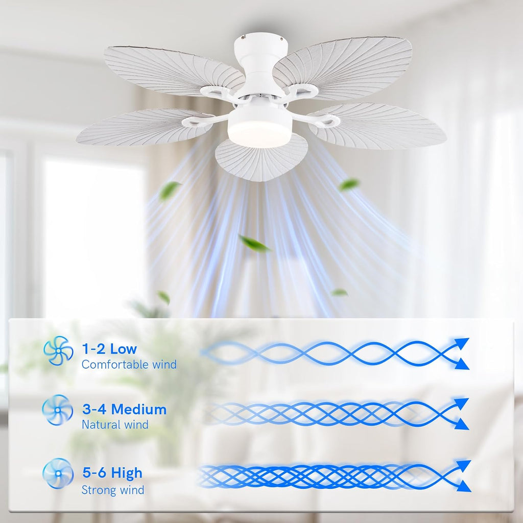 52inch Palm Leaf Ceiling Fans with Light Outdoor Tropical Ceiling Fans with Remote Timer Hand Carved 5 Blades DC Reversible Noiseless motor 6 Speeds Low Profile for Patios Living room Bedroom