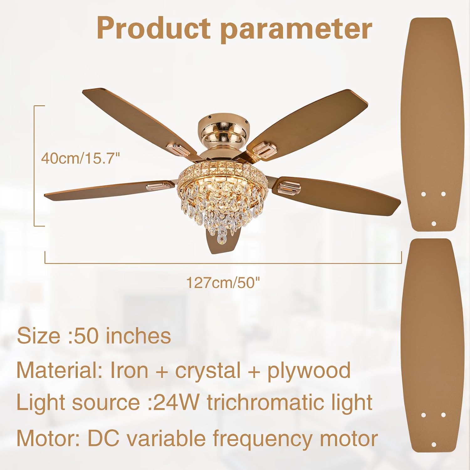 Crystal Ceiling Fan Fandelier with Lights-Ceiling Fans with Lights,50' Low Profile and Remote Control, Flush Mount, Reversible, Dimmable, Noiseless,Gold Ceiling Fan for Bedroom