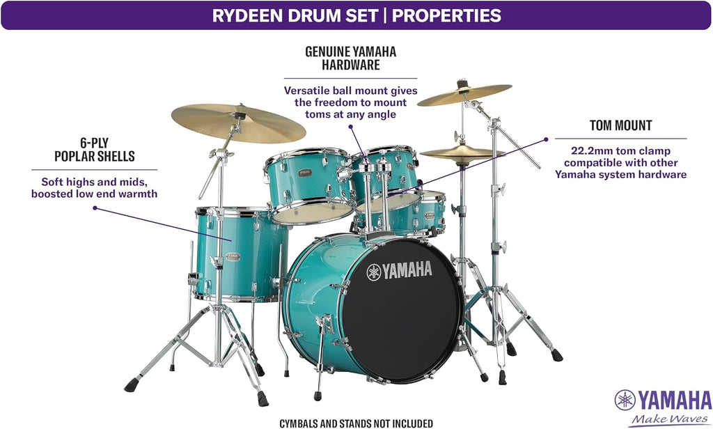 Yamaha Rydeen 5-Piece Drum Set With 20' Bass Drum, Floor Tom, 2 Toms With Ball Clamp And Wood Snare Drum, Turquoise Glitter
