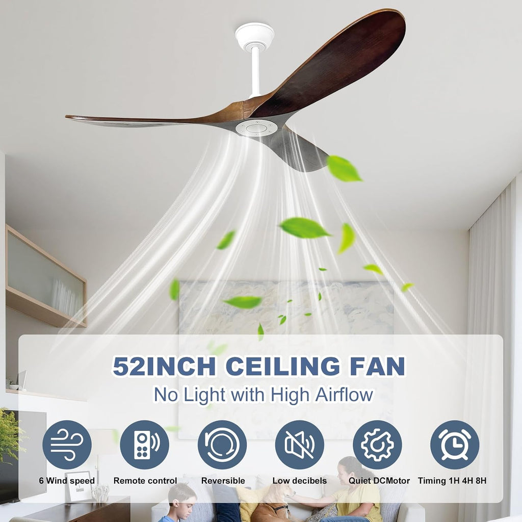 52'' Outdoor Ceiling Fan No Light,6 Speeds Adjustable with Large Airflow,Quiet Operation,Wood Propeller Ceiling Fan for Garage,Gazebo,Living Room,Bedroom(White+Dark Walnut)