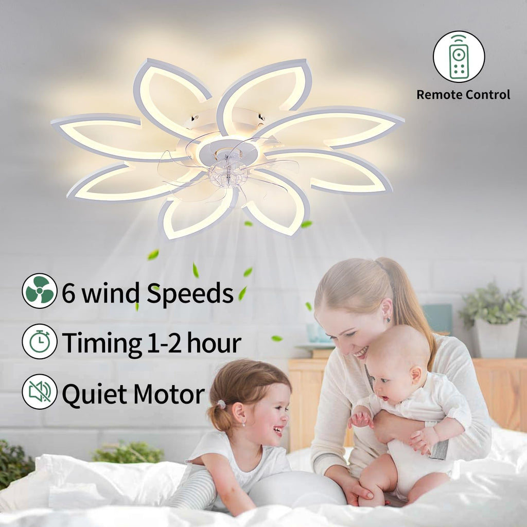 Modern Flower Ceiling Fan with Light and Remote, Low Profile Ceiling Fans with Lights, 36 Inch Black Flush Mount Ceiling Fan with 3 Light Color 6 Speeds, Fandelier Ceiling Fan for Living Room (White)