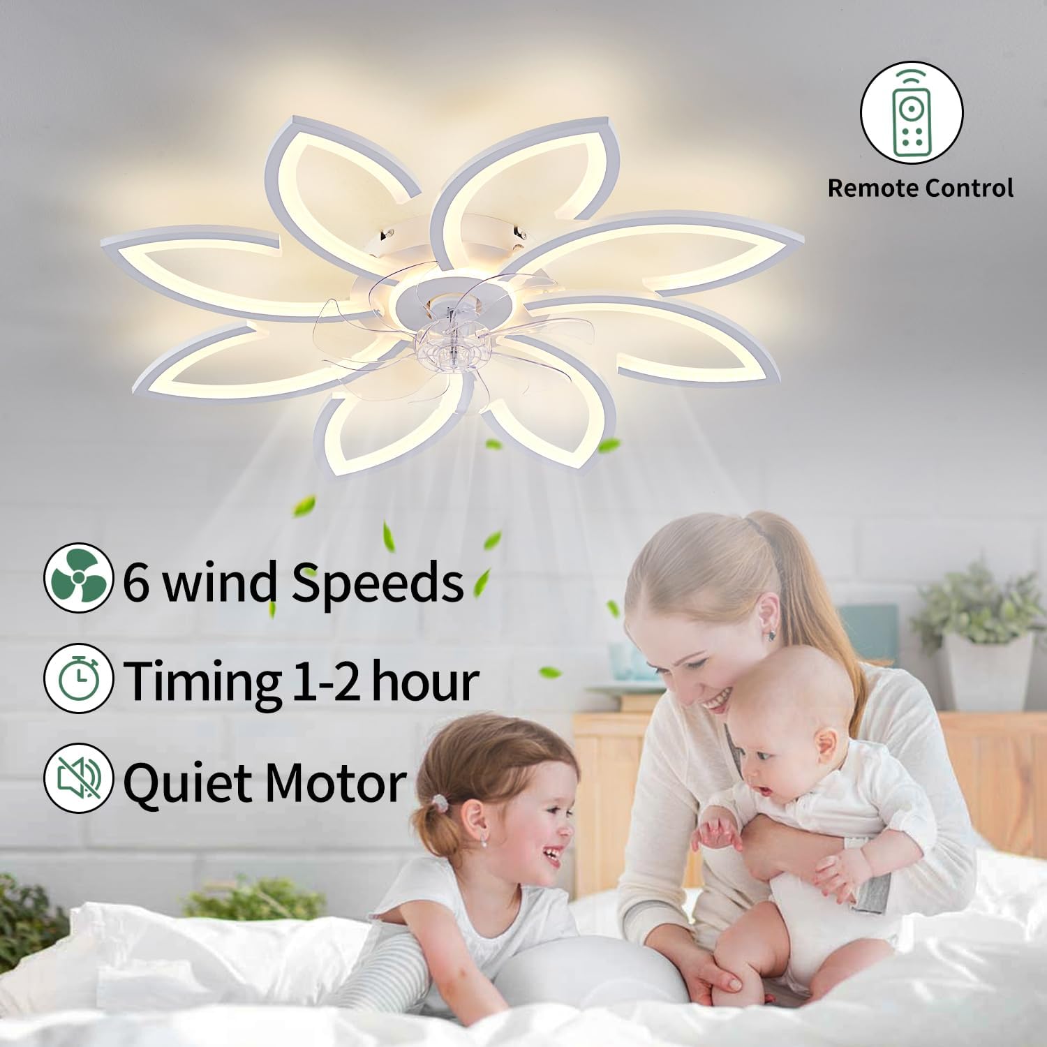 Modern Flower Ceiling Fan with Light and Remote, Low Profile Ceiling Fans with Lights, 36 Inch Black Flush Mount Ceiling Fan with 3 Light Color 6 Speeds, Fandelier Ceiling Fan for Living Room (White)