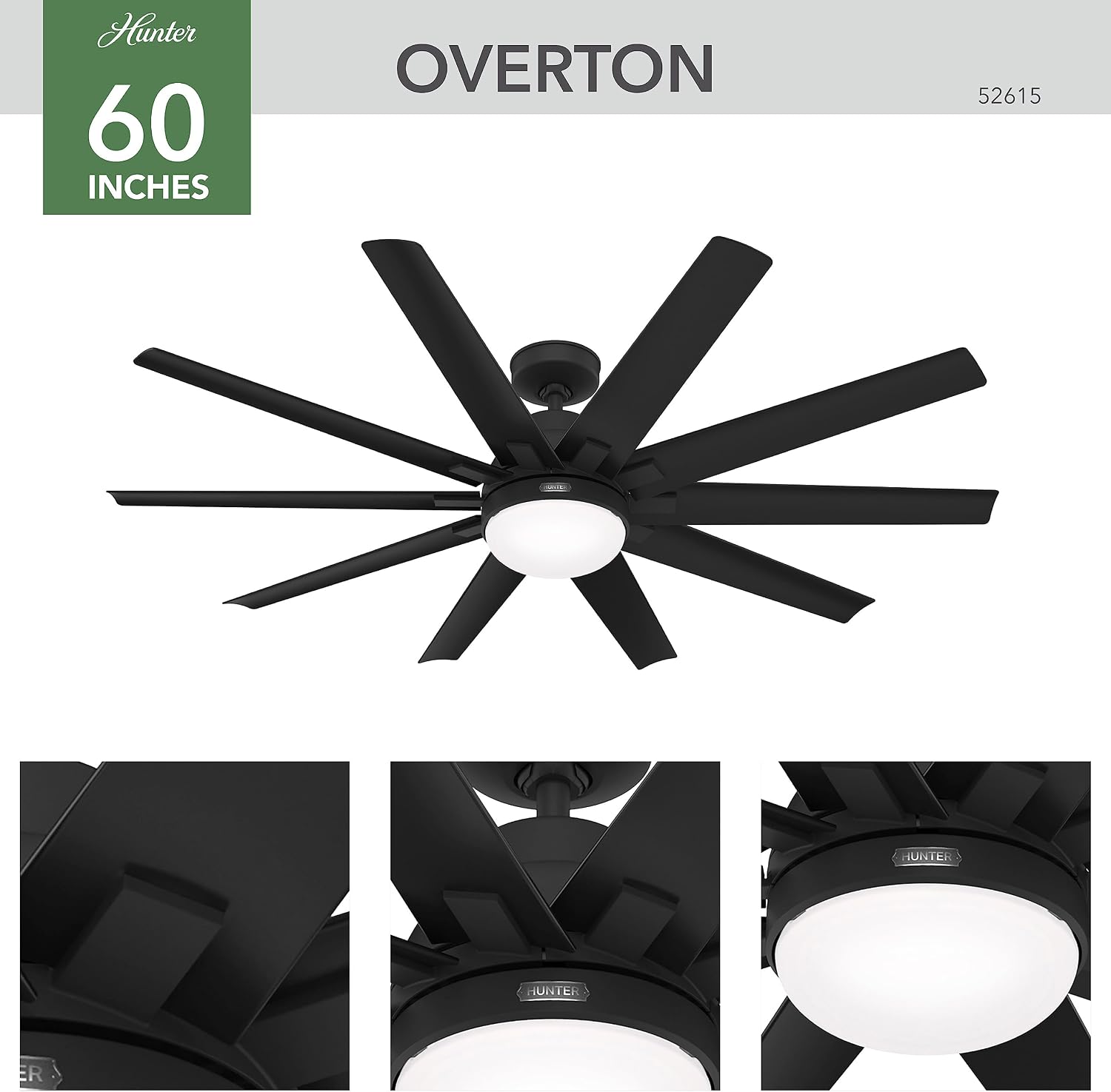 Hunter 60 inch Outdoor or Indoor Ceiling Fan with LED Light - Black Ceiling Fan with Wall Control, For Patio, Garage, or Porch, Quiet, Standard Mount, 10 Blades - Overton 52615, Matte Black