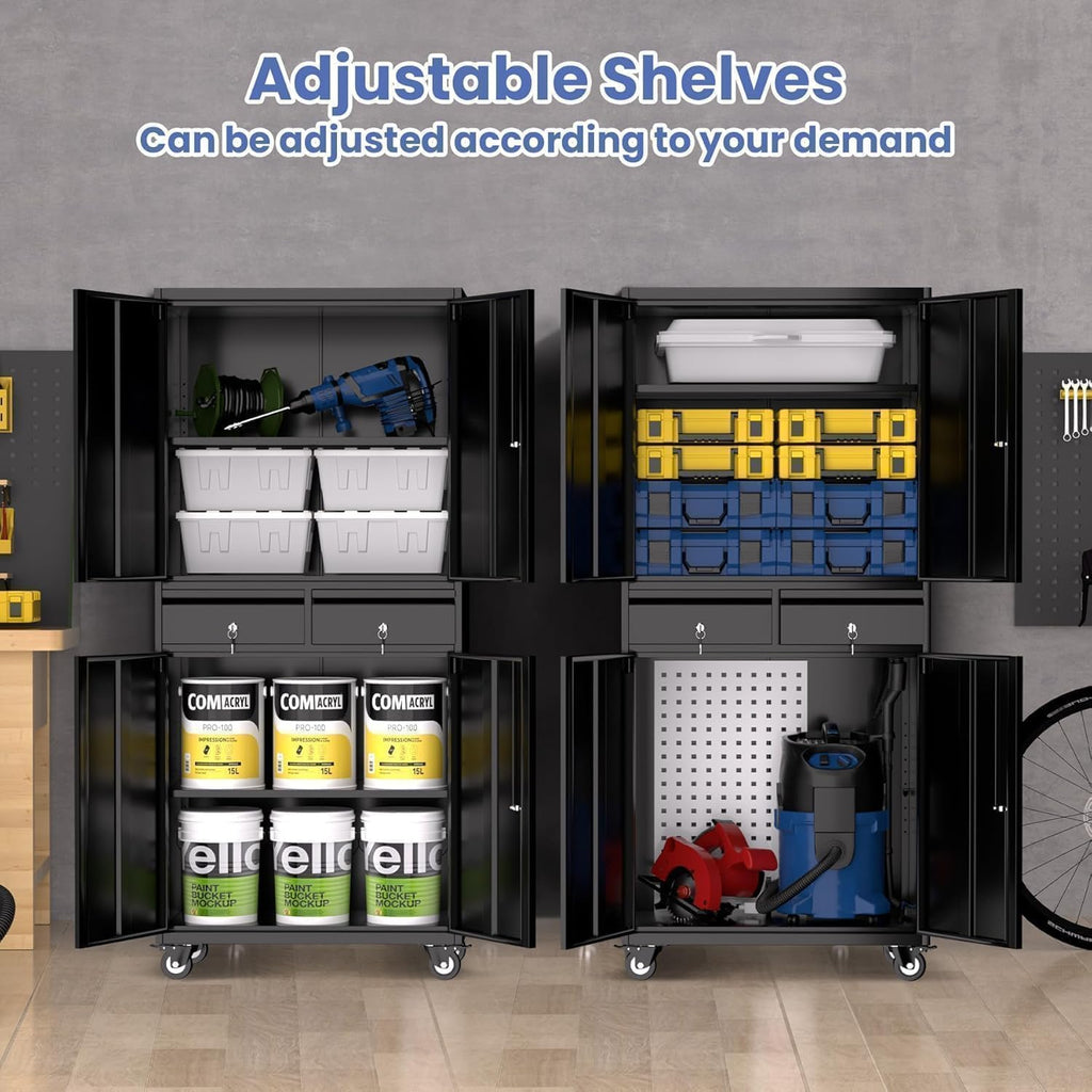 Metal Garage Storage Cabinet with 4 Wheels and 2 Drawers, 72' Heavy Duty Rolling Tool Storage Cabinet Organizer, Locking Doors and Adjustable Shelves for Garage, Workshop, Office, Warehouse