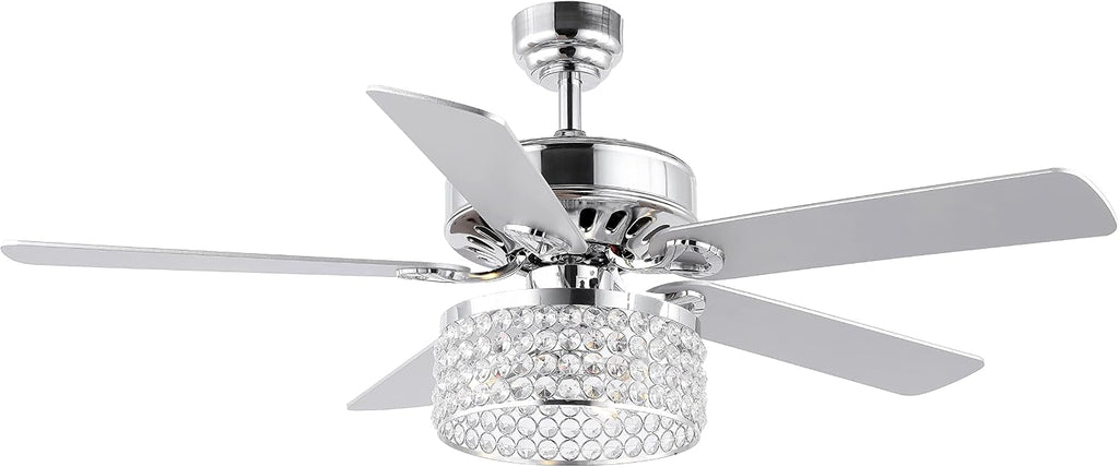 JONATHAN Y 52' Chrome 3-Light Crystal and Metal Drum LED Ceiling Fan with Remote, Modern Glam 5-Blade Indoor Fixture, Clear Crystal Prism Shade, LED Bulbs Included JYL9709A