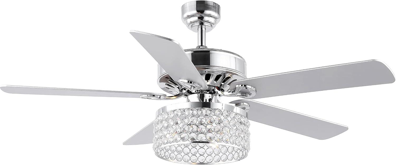 JONATHAN Y 52' Chrome 3-Light Crystal and Metal Drum LED Ceiling Fan with Remote, Modern Glam 5-Blade Indoor Fixture, Clear Crystal Prism Shade, LED Bulbs Included JYL9709A
