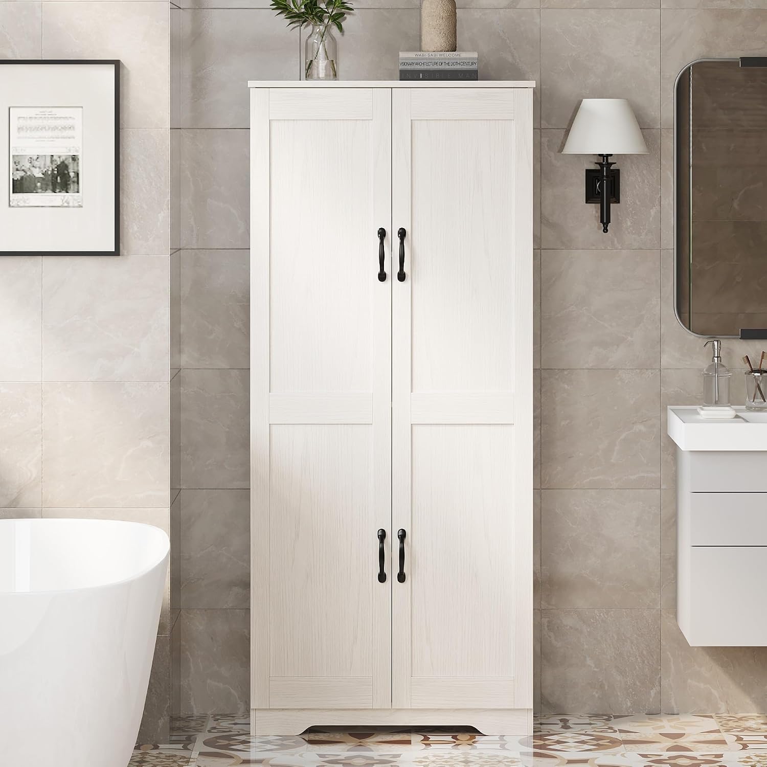 IDEALHOUSE Tall Pantry Cabinet, 60' Kitchen Pantry Storage Cabinet with 2 Doors and Adjustable Shelves, Freestanding Kitchen Cabinet, Cupboard for Dining Room, Bathroom, Living Room, White