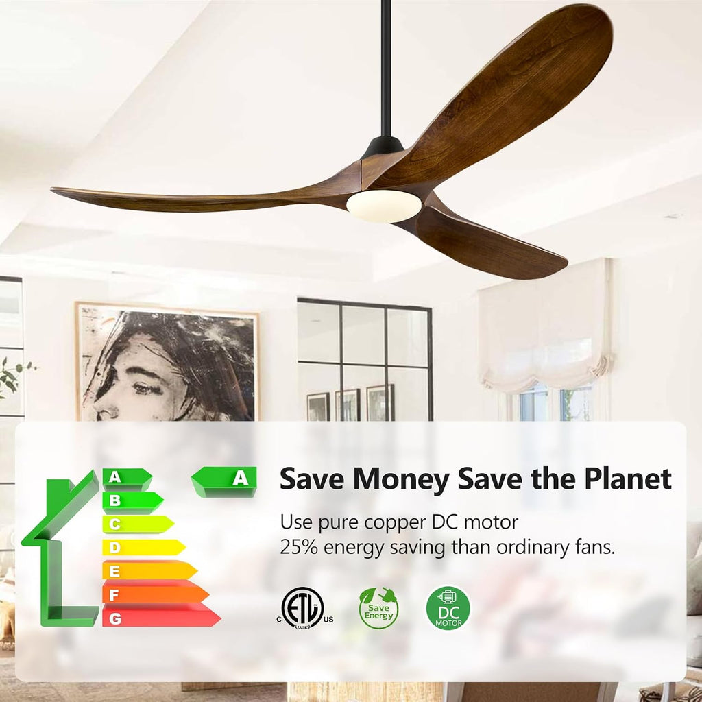 ABZ 52 Inch Ceiling Fans with Lights and Remote Control, Outdoor Ceiling Fan with Light 3 Blades Propeller Solid Wood Ceiling Fan for Indoor Bedroom Living Room, Walnut Wood