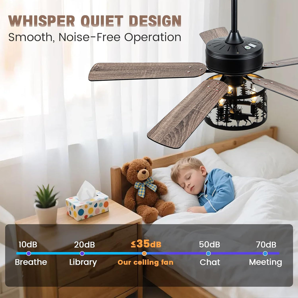 52' Farmhouse Ceiling Fan with Light and Remote, Rustic Fandelier Ceiling Fan with Deer & Bear Cut-out Drum Cage, Quiet Reversible DC Motor for Bedroom, Living Room, Kitchen, Black