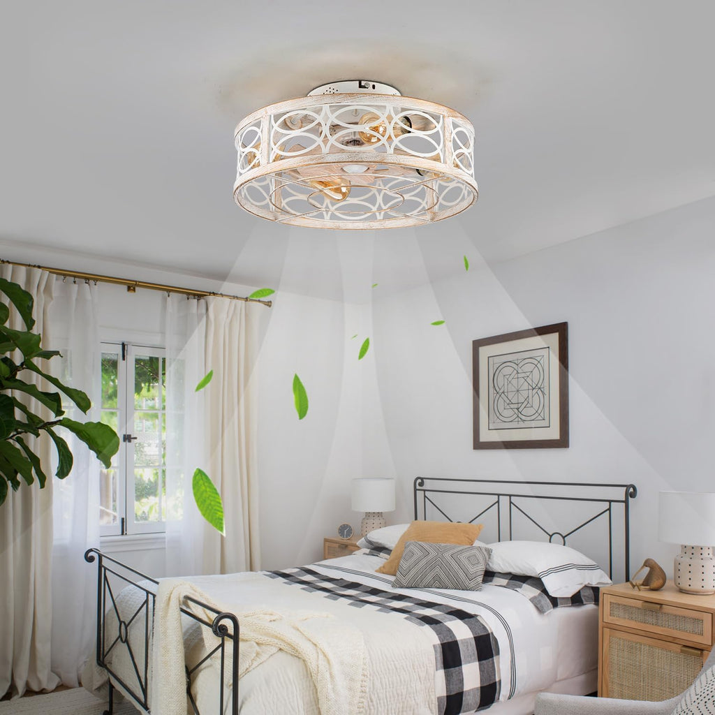 20' Caged Ceiling Fan With Light And Remote，bladeless Ceiling Fan 6 Speed Reversible With 4 Bulbs and Remote Control. With Lights for Bedroom, Dining Room