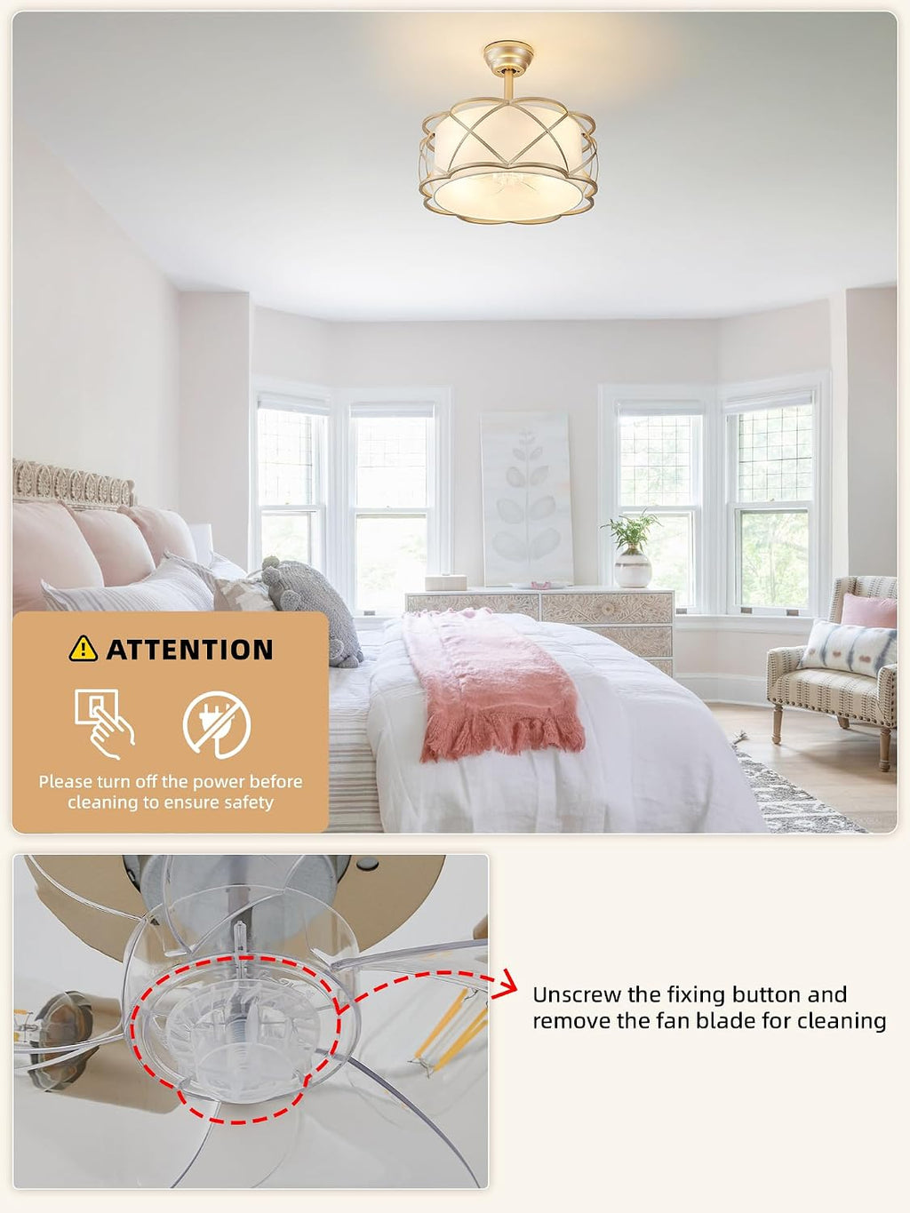Gold Fandelier Ceiling Fans with Lights, 20' Mid Century Boho Chandelier Ceiling Fan Remote Control with 6 Speeds for Bedroom, Nursery, Living Room
