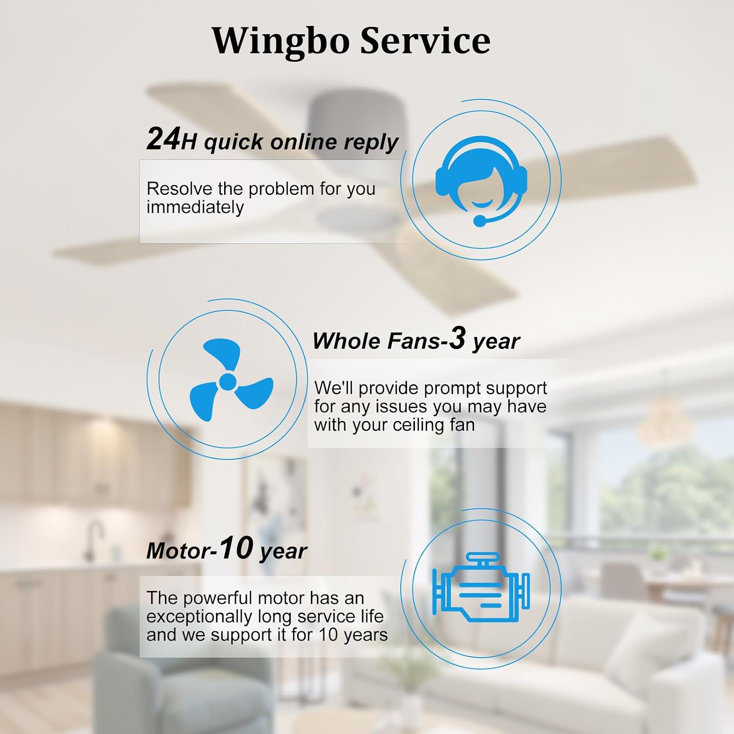 WINGBO 48 Inch Ceiling Fan Without Light, Solid Wood Flush Mount Ceiling Fan with Remote Control, Reversible Quiet DC Motor, 4 Blades,6-Speed, for Bedroom & Living Room, Graphite Finish +Gray Blade