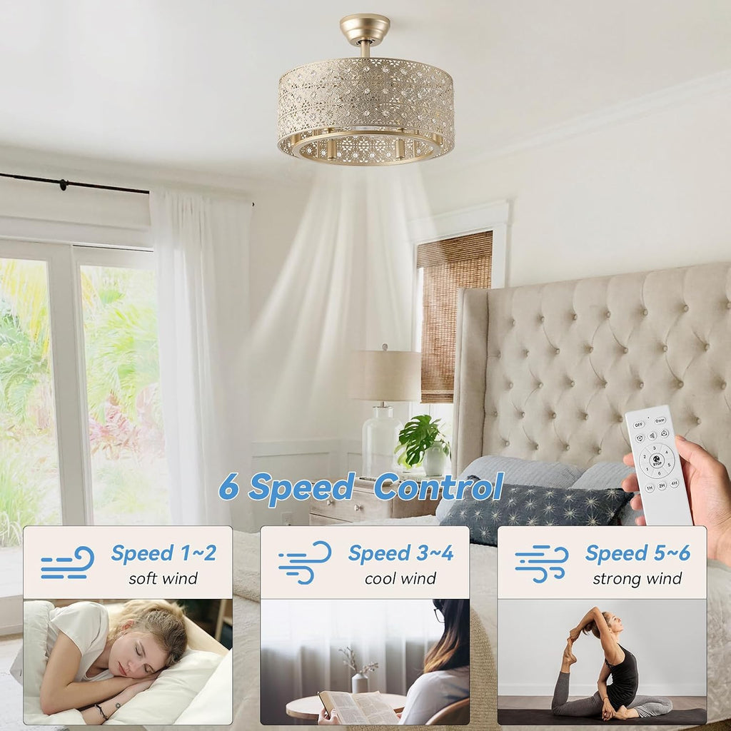20' Gold Fandelier Crystal Ceiling Fans with Lights, Cage Gold Chandelier Ceiling Fan with Light Remote Control, 6-Speed for Bedroom, Nursery, Foyer, Living Room