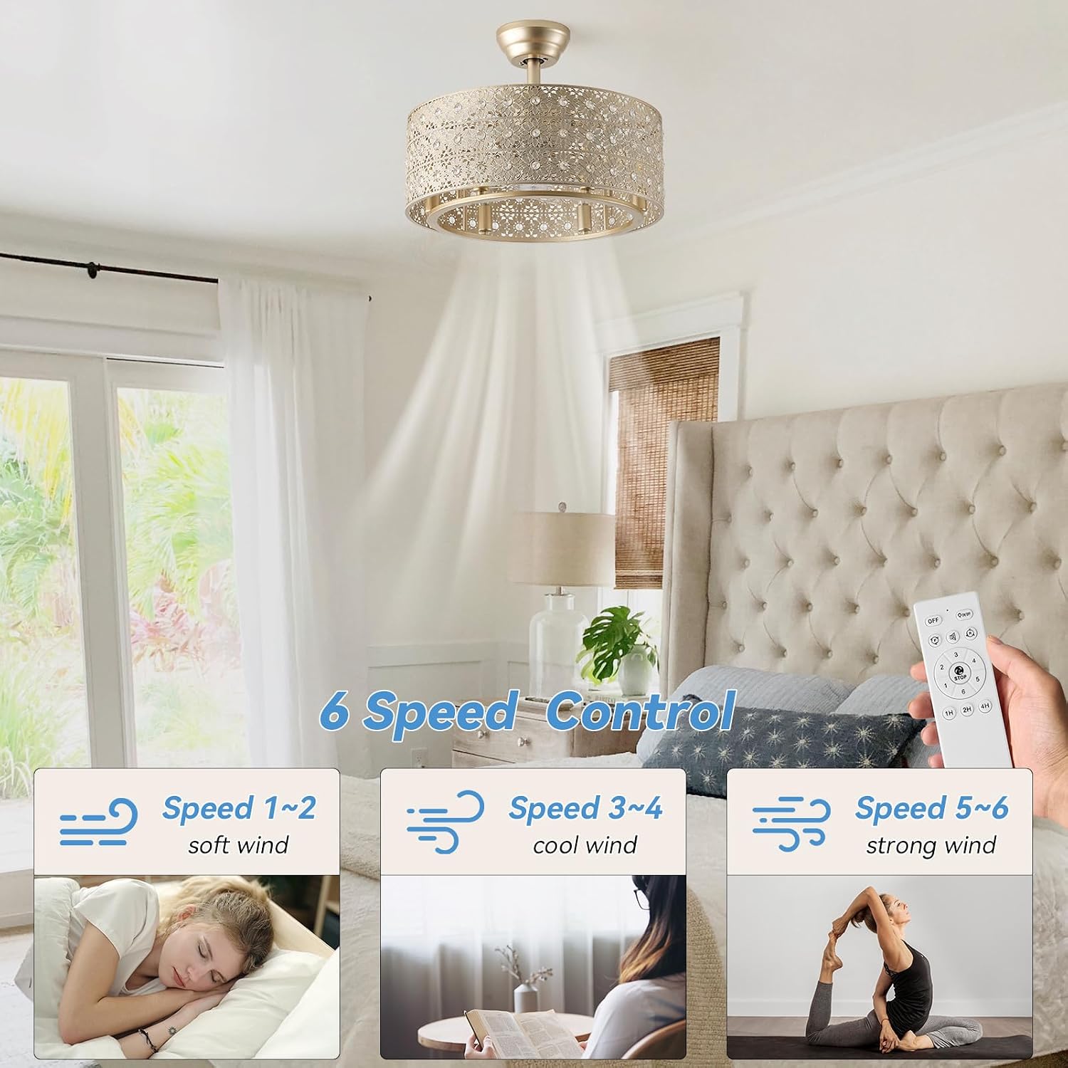 20' Gold Fandelier Crystal Ceiling Fans with Lights, Cage Gold Chandelier Ceiling Fan with Light Remote Control, 6-Speed for Bedroom, Nursery, Foyer, Living Room
