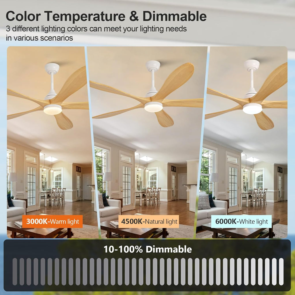 OKDNEG 60 Inch Ceiling Fans with Lights and Remote, 5 Wood Fan Blades Ceiling Fan,3CCT Dimmable,Timer,Quiet DC Motor,6 Speed,Indoor Outdoor Ceiling Fan for Offices Farmhouse Gazebo Patio