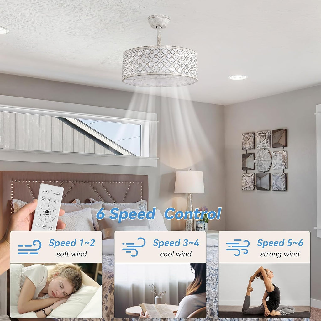 White Fandelier Ceiling Fan with Light, 20' Caged White Chandelier Ceiling Fans with Lights Remote Control, Fabric Mid-Century Modern with 6 Speeds for Bedroom, Nursery, Living Room.