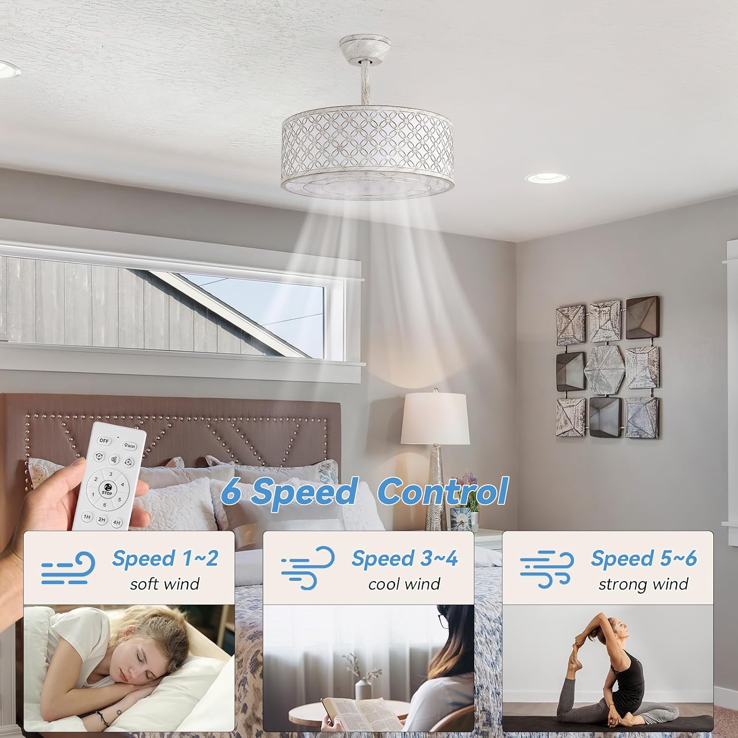 White Fandelier Ceiling Fan with Light, 20' Caged White Chandelier Ceiling Fans with Lights Remote Control, Fabric Mid-Century Modern with 6 Speeds for Bedroom, Nursery, Living Room.