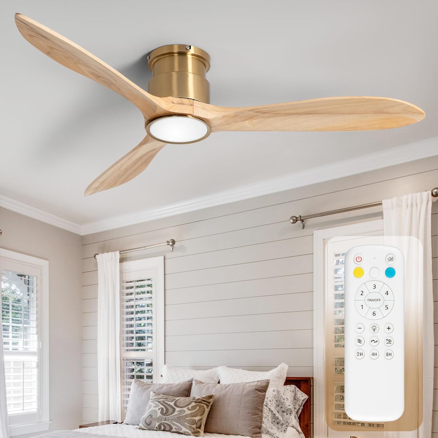 52inch Ceiling Fan with Lights,Wood Low Profile Ceiling Fans with Remote Control,Dimmable Light,3 CCT,6 Speeds,Noiseless DC Motor,Ceiling Fan for Bedroom,Living Room,Office,Indoor,Natural Wood Grain