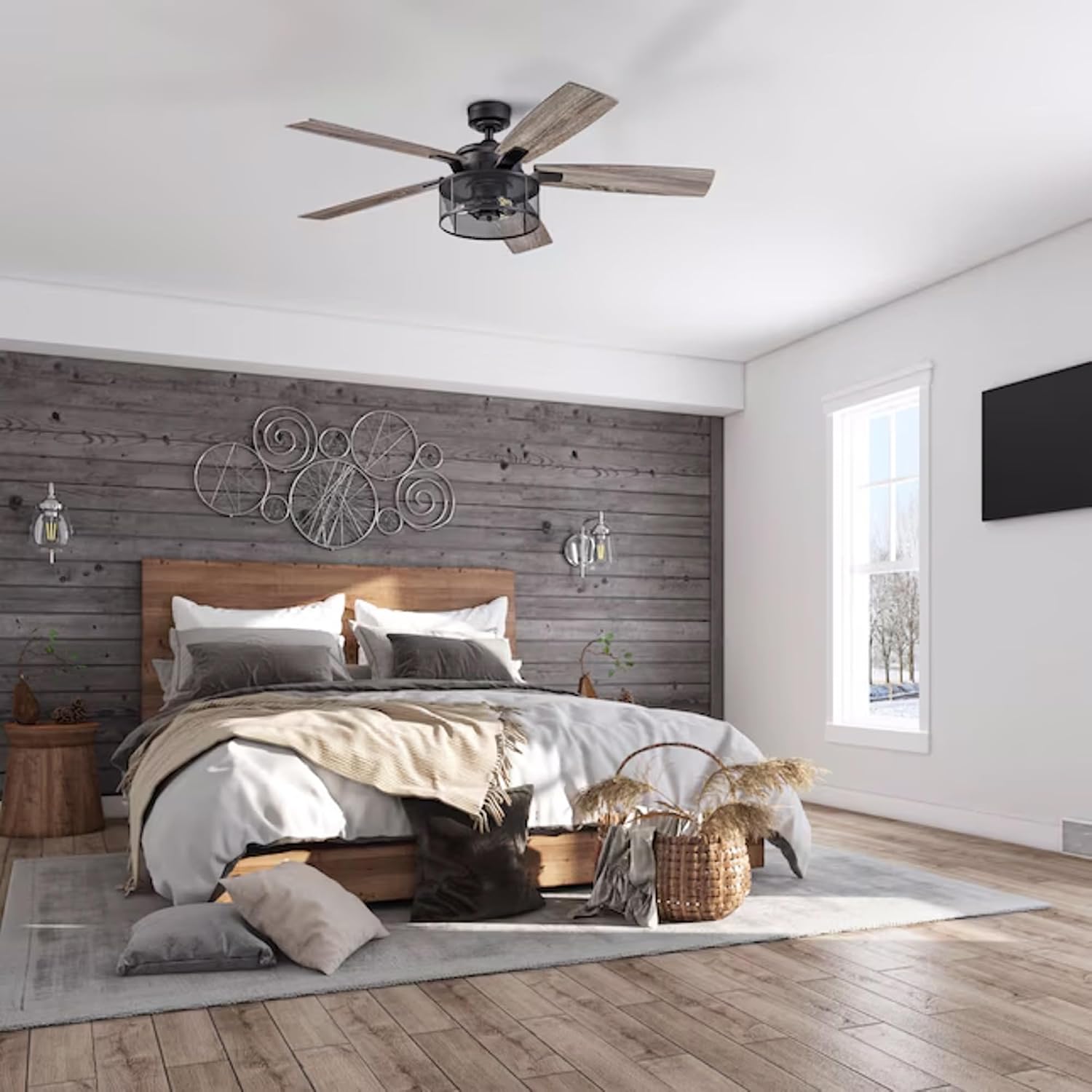 Honeywell Ceiling Fans Carnegie, 52 Inch Industrial LED Ceiling Fan with Light and Remote Control, Dual Mounting Options, Dual Finish Blades, Reversible Motor - 51928-01 - (Matte Black)