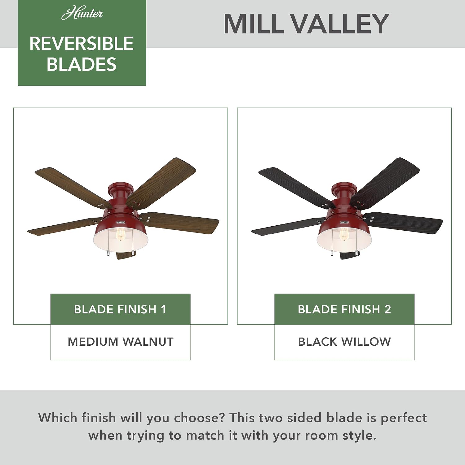 Hunter 52 inch Outdoor or Indoor Ceiling Fan with LED Light - Rustic Ceiling Fan with Pull Chain, For Bedroom, Living Room, or Patio, Low Profile Mount, No Remote - Mill Valley 59312, Barn Red
