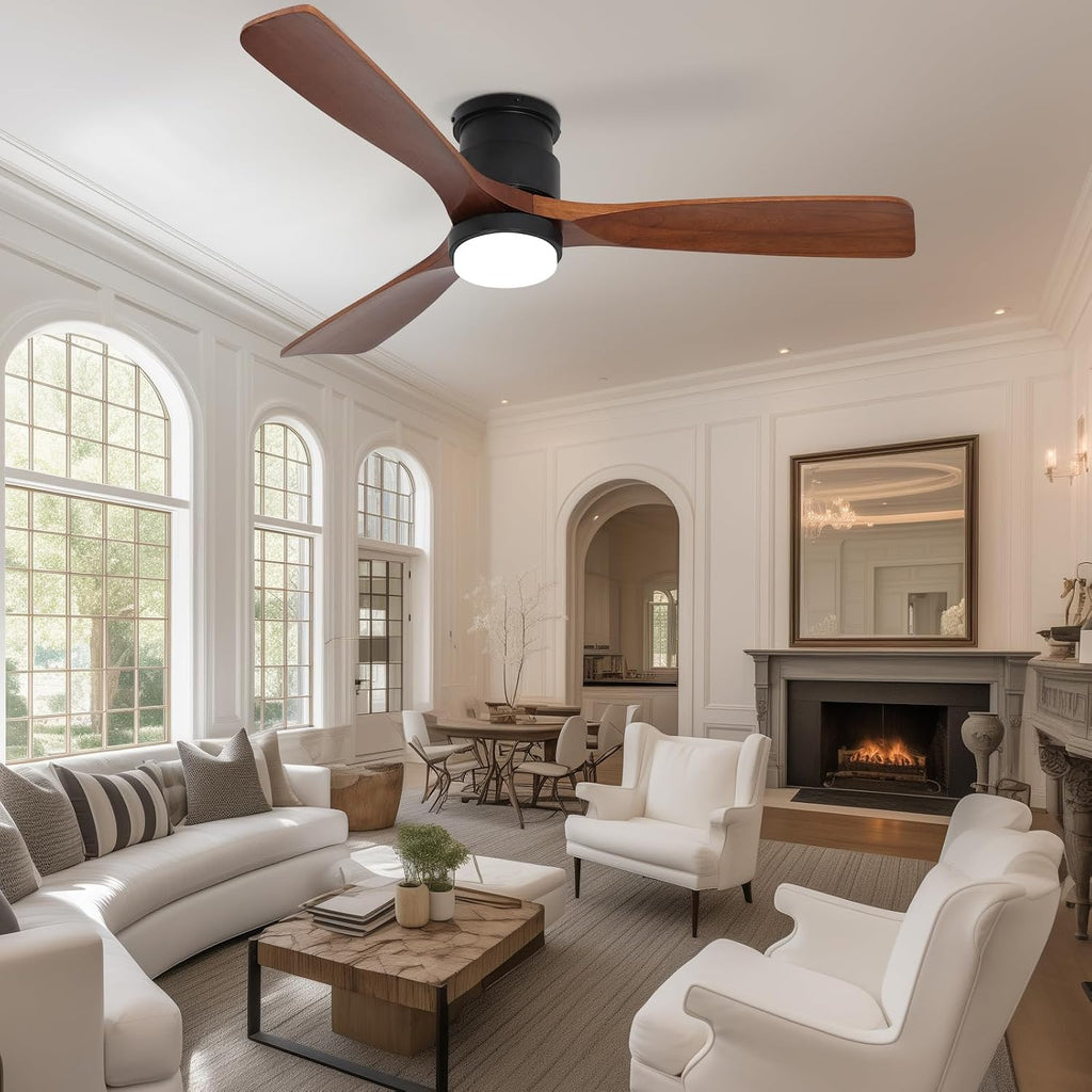 52 Inch Ceiling Fans with Lights Remote, Amber solid wood Low Profile Flush Mount Ceiling Fan with Light, Timing Silent Reversible DC Motor LED Fan Lighting Indoor Outdoor Fans for Farmhouse Bedroom