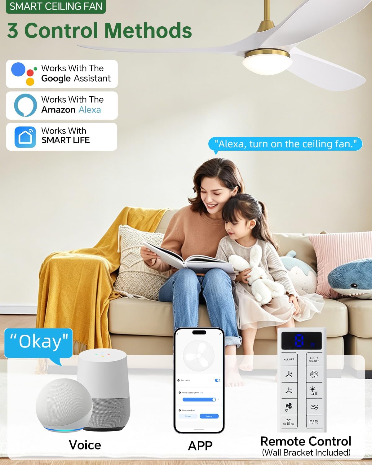 Sofucor 60 Inch Smart Ceiling Fans with Lights-Outdoor Modern Smart White Ceiling Fan with Alexa/Google/APP/Remote Control, Reversible Quiet DC Motor, ABS Blade Ceiling Fan for Living Room/Patios