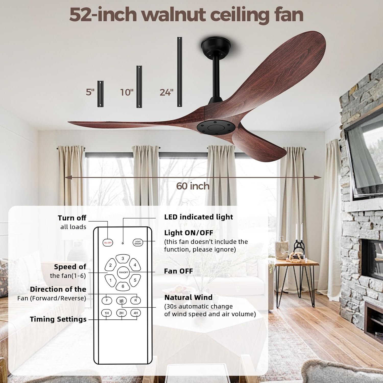 Obabala 52 Inch Ceiling Fan Without Lights, Walnut Finish | Outdoor Ceiling Fan with Remote, 6-Speed Adjustable Reversible DC Motor for Patio & Living Room