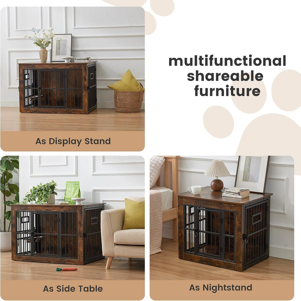 32 Inch Heavy Duty Dog Crate Furniture for Medium/Small Dogs, Decorative Pet House End Table with 3 Doors & Adjustable Bowls, Wooden Cage Kennel Furniture Indoor, Rustic Grey