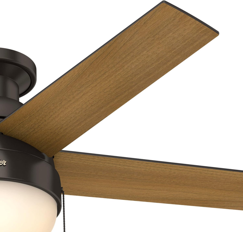 Hunter 46 inch Indoor Ceiling Fan with LED Light - Bronze Ceiling Fan with Pull Chain, For Bedroom, Living Room, or Kitchen, Low Profile Mount, No Remote, 5 Blades - Anslee 59268, Premier Bronze