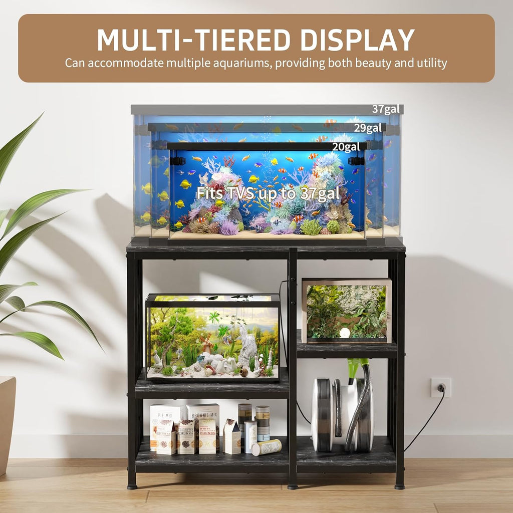 Reinforced 40-50 Gallon Aquarium Stand with Power Outlet | Ultra-Stable 720LBS Capacity Metal Fish Tank Stand for Reptile/Aquatic Setups, 5-Tier Adjustable 37'x19' Steel Shelving System