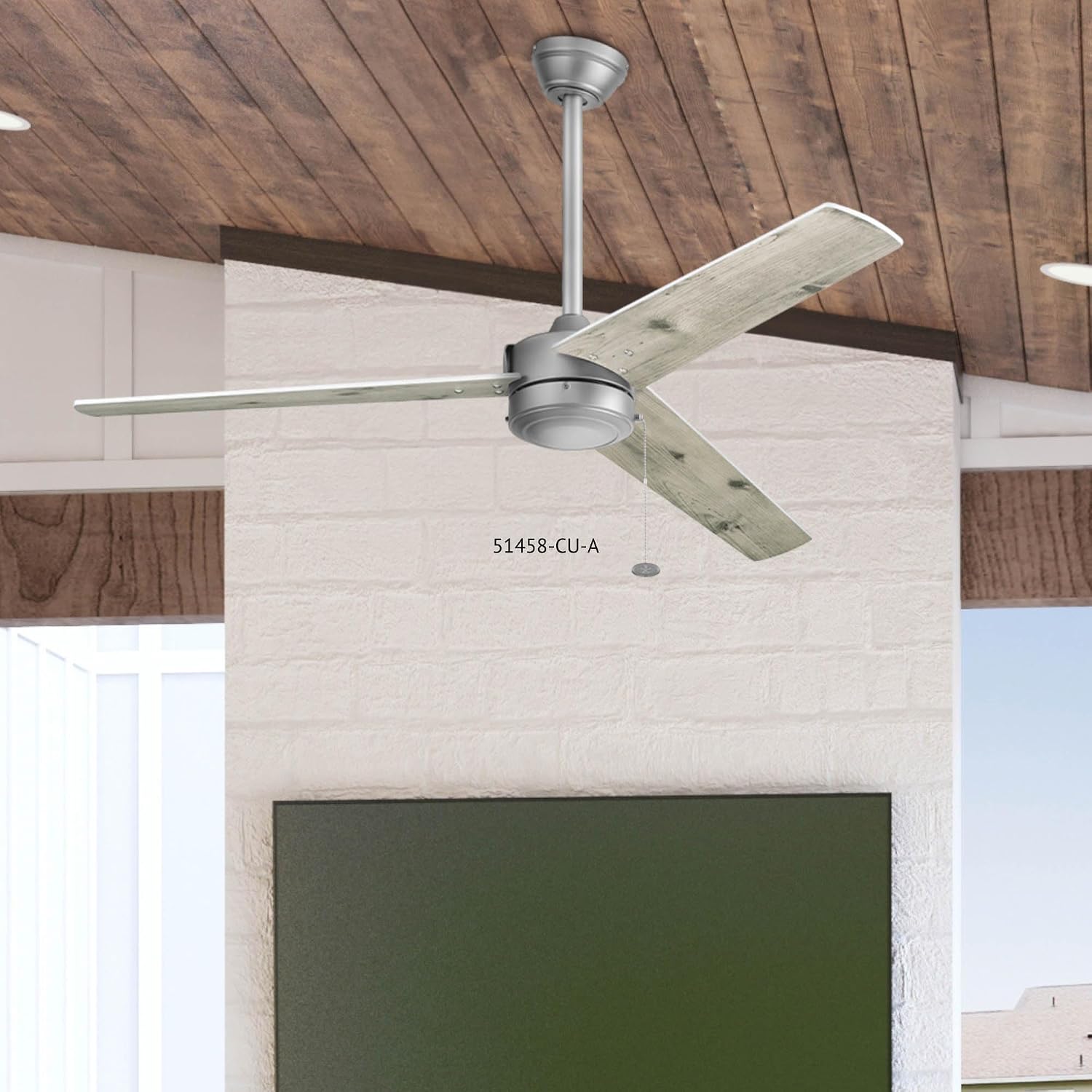 Prominence Home Tenant, 52 Inch Contemporary Indoor Outdoor LED Ceiling Fan, No Light, Pull Chain, Dual Mounting Options, 3 Dual Finish Blades, Reversible Airflow - 51867-01 (Brushed Nickel)