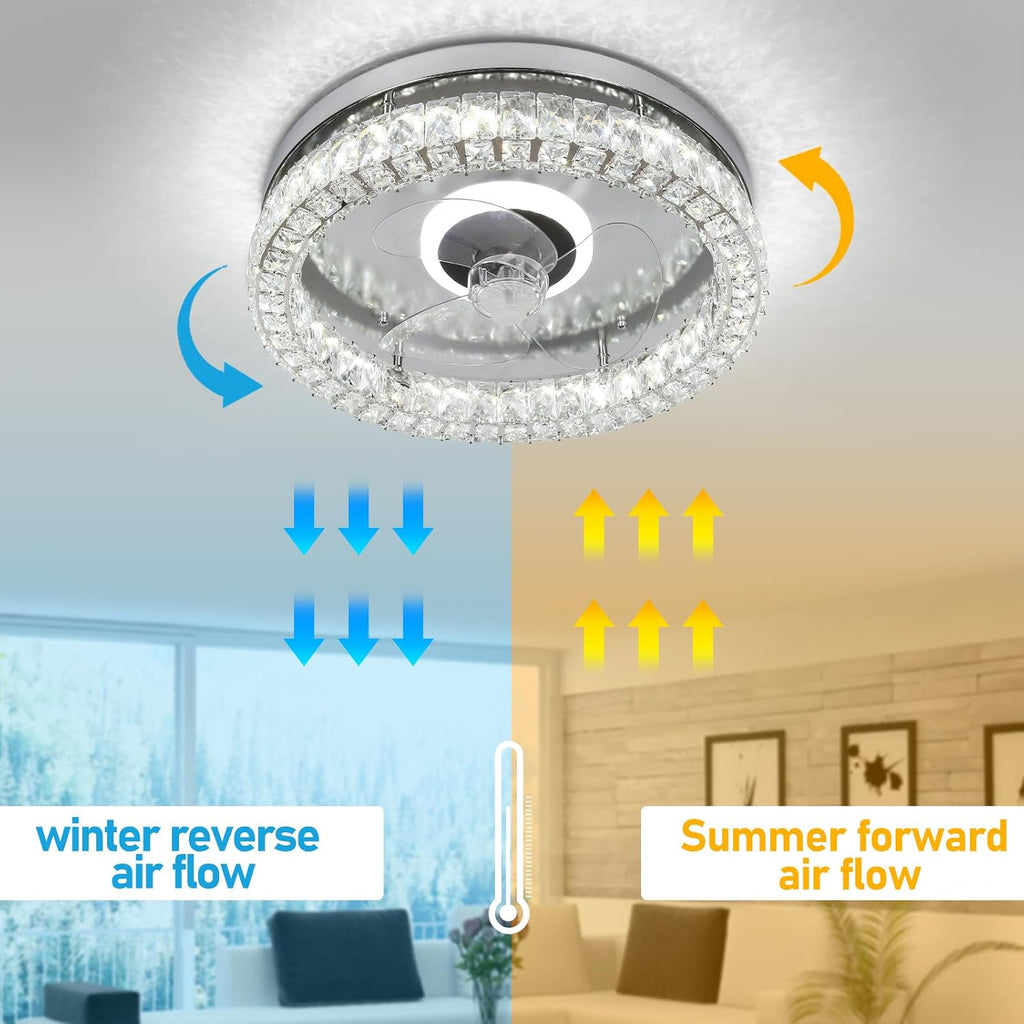 CLAIRDAI Crystal Ceiling Fans with Lights Flush Mount Ceiling Fan with Remotel Control Dimmable Fandelier Modern LED Low Profile Ceiling Fan Light (Chrome)