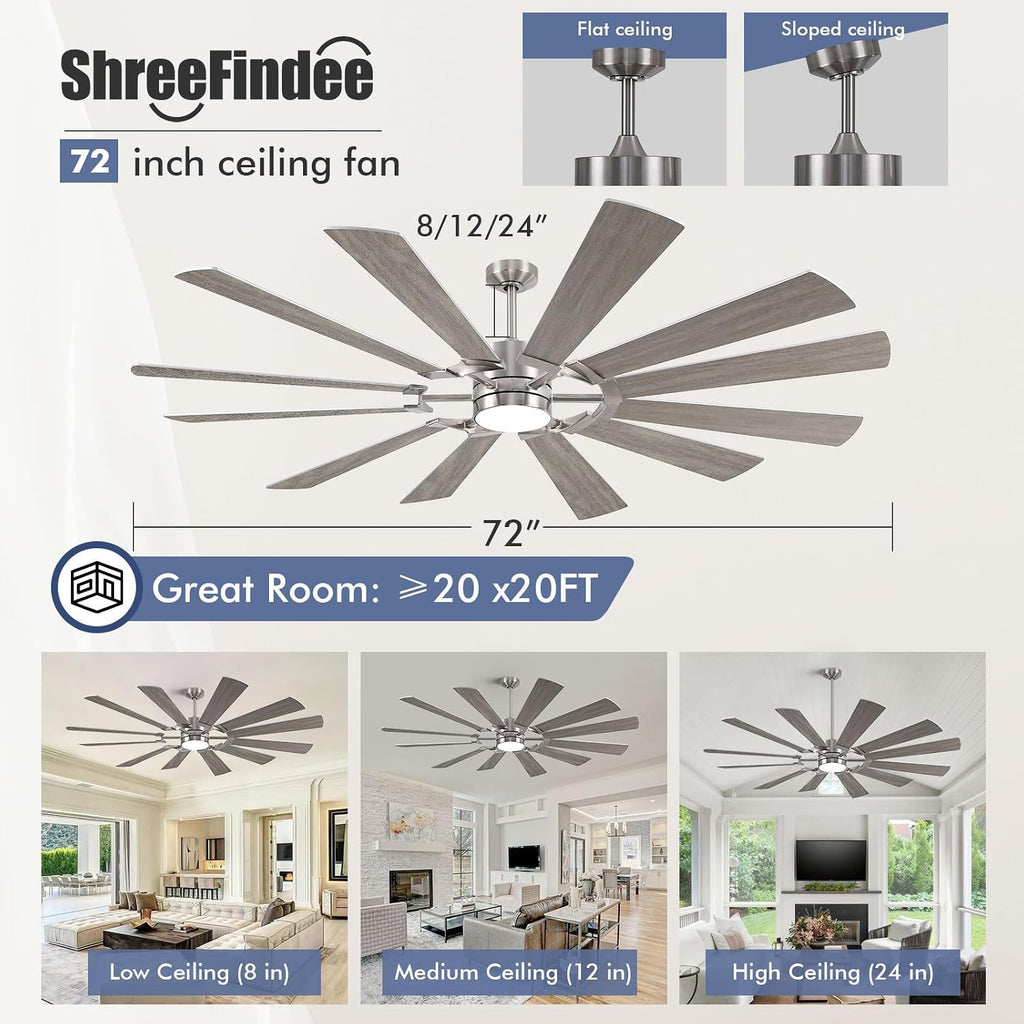 72' Outdoor Ceiling Fan with Light Remote, 12 Blade Large Modern Industrial Ceiling Fan with Dimmable Light High CFM Quiet Energy Efficient DC Motor, for Indoor Exterior Home Commercial, Silver+Oak