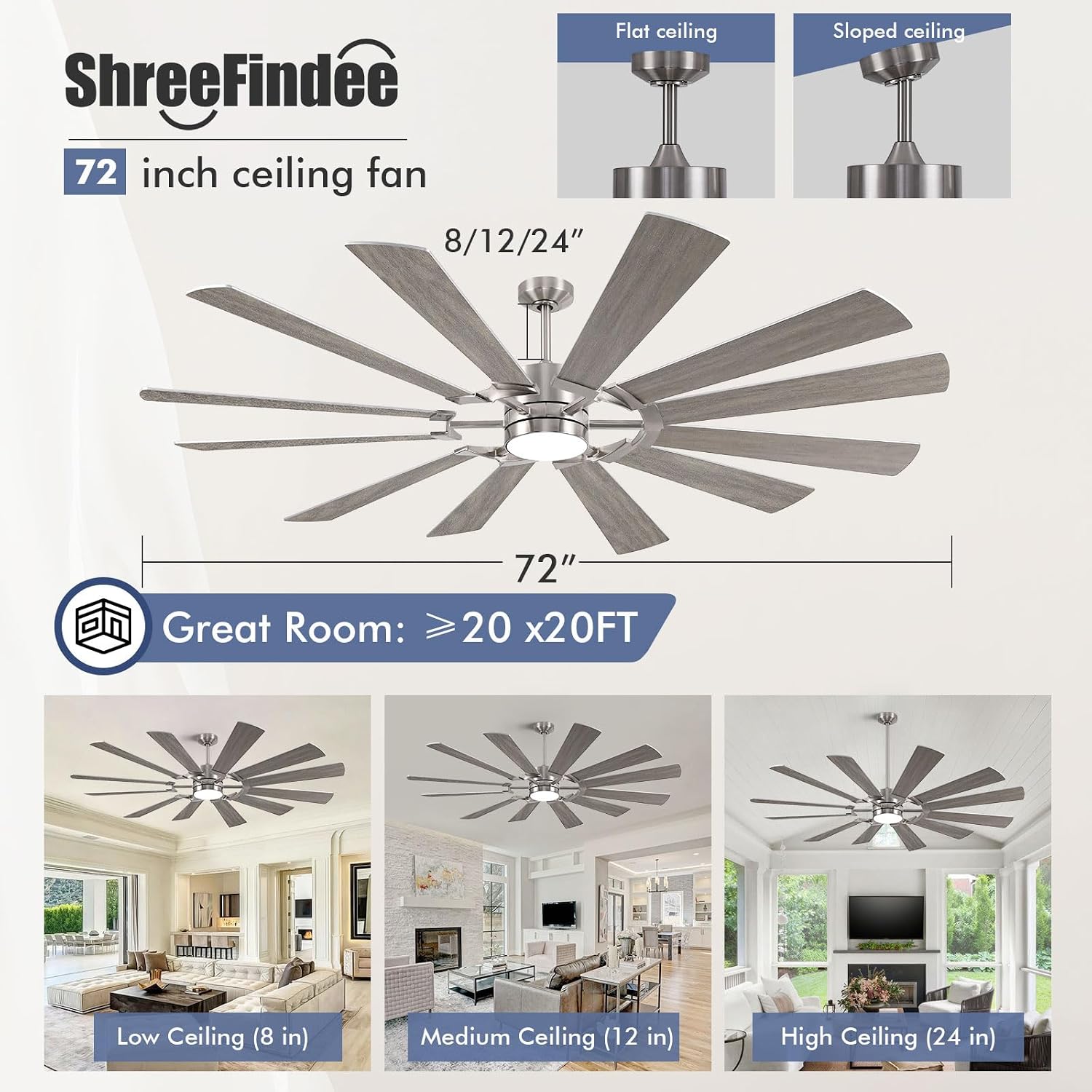 72' Outdoor Ceiling Fan with Light Remote, 12 Blade Large Modern Industrial Ceiling Fan with Dimmable Light High CFM Quiet Energy Efficient DC Motor, for Indoor Exterior Home Commercial, Silver+Oak